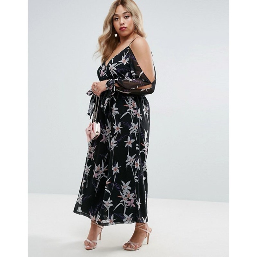 ASOS CURVE Floral Cold Shoulder Tie Sleeve Jumpsuit.